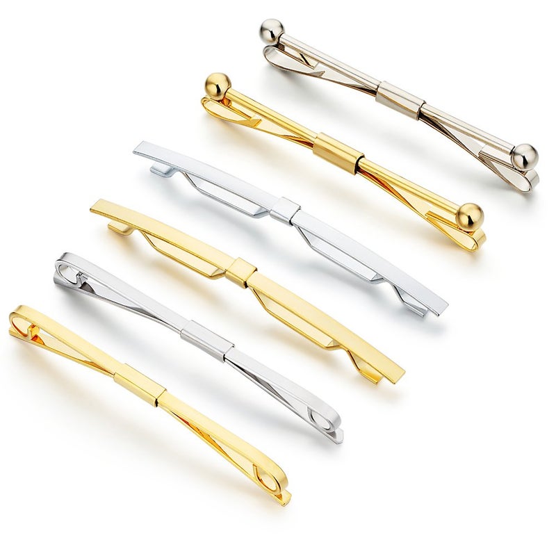 AnotherKiss Tie Collar Bar Pin Set for Men - 6 Pieces of Gold and Silver Two Tone - Image 1