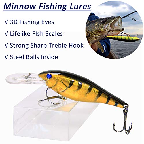 JSHANMEI Fishing Lures Hard Bait Minnow Swimbait Crankbait Jerkbait Popper Lure with Treble Hooks 3D Eyes Freshwater Saltwater Fishing Lures for Bass Trout Walleye Pike Catfish, 10pcs 3.9in - Image 3