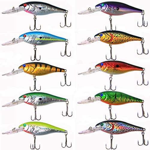 JSHANMEI Fishing Lures Hard Bait Minnow Swimbait Crankbait Jerkbait Popper Lure with Treble Hooks 3D Eyes Freshwater Saltwater Fishing Lures for Bass Trout Walleye Pike Catfish, 10pcs 3.9in - Image 1