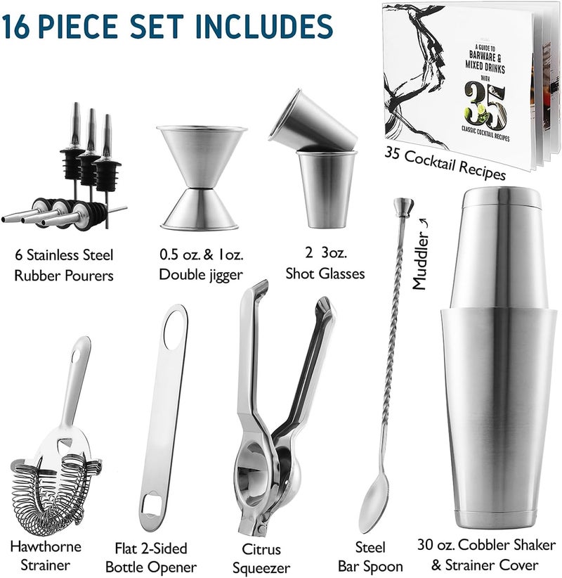 EATEX Bar Set Cocktail Shaker Set, Stainless Steel Mixology Bartender Kit, 16 Piece Cocktail Kit, Silver Cocktail Set, Bar Tools: 30oz Martini Shaker, Muddler, Bar Kit Cocktail Book, Jigger and Pourers - Image 2