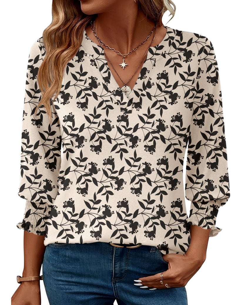LOMON Plus Size Top for Women Business Casual Outfits for Women 3/4 Sleeve Ladies Tops and Blouses Apricot Black Floral XXL - Image 1