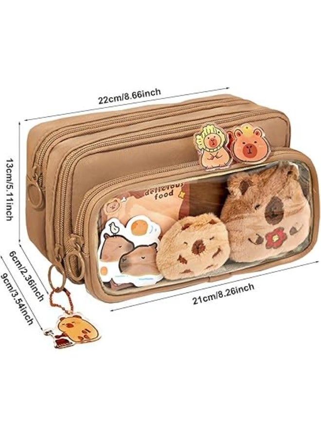 حقيبة أقلام متعددة الطبقات بسعة كبيرة مع دلاية كابيبارا لطيفة وقطيفة – مقلمة مدرسية منظمة للأطفال والمراهقين والبنات والأولاد – منظم أدوات مكتبية للعودة إلى المدرسة - Image 2