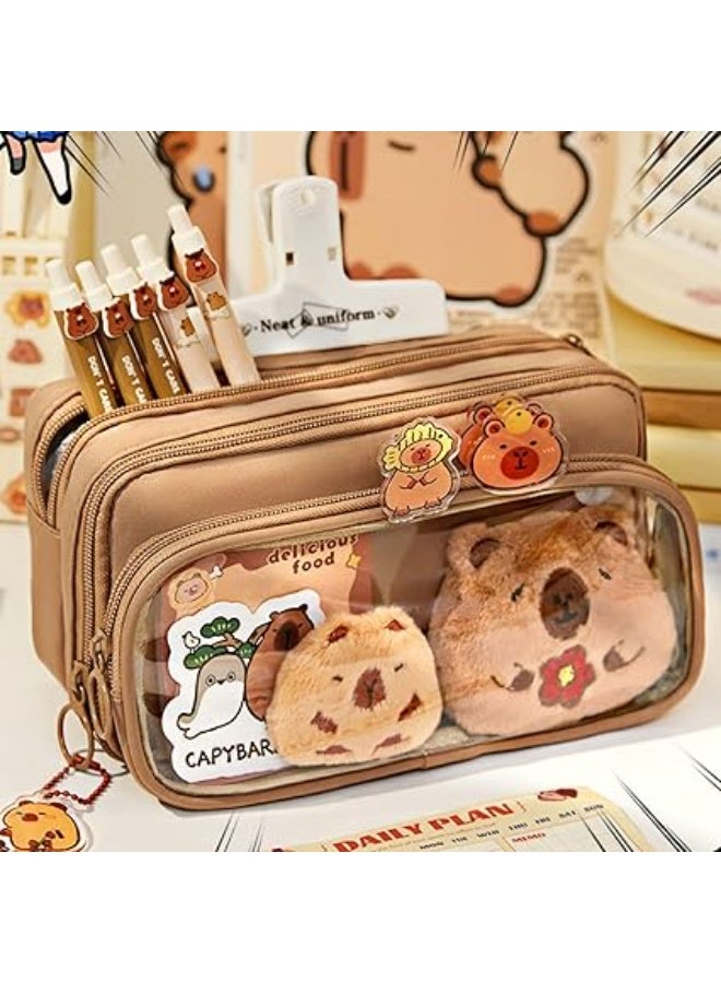 حقيبة أقلام متعددة الطبقات بسعة كبيرة مع دلاية كابيبارا لطيفة وقطيفة – مقلمة مدرسية منظمة للأطفال والمراهقين والبنات والأولاد – منظم أدوات مكتبية للعودة إلى المدرسة - Image 3