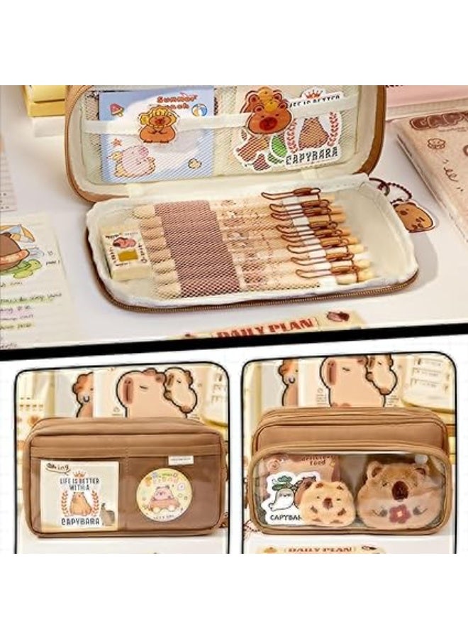 حقيبة أقلام متعددة الطبقات بسعة كبيرة مع دلاية كابيبارا لطيفة وقطيفة – مقلمة مدرسية منظمة للأطفال والمراهقين والبنات والأولاد – منظم أدوات مكتبية للعودة إلى المدرسة - Image 4