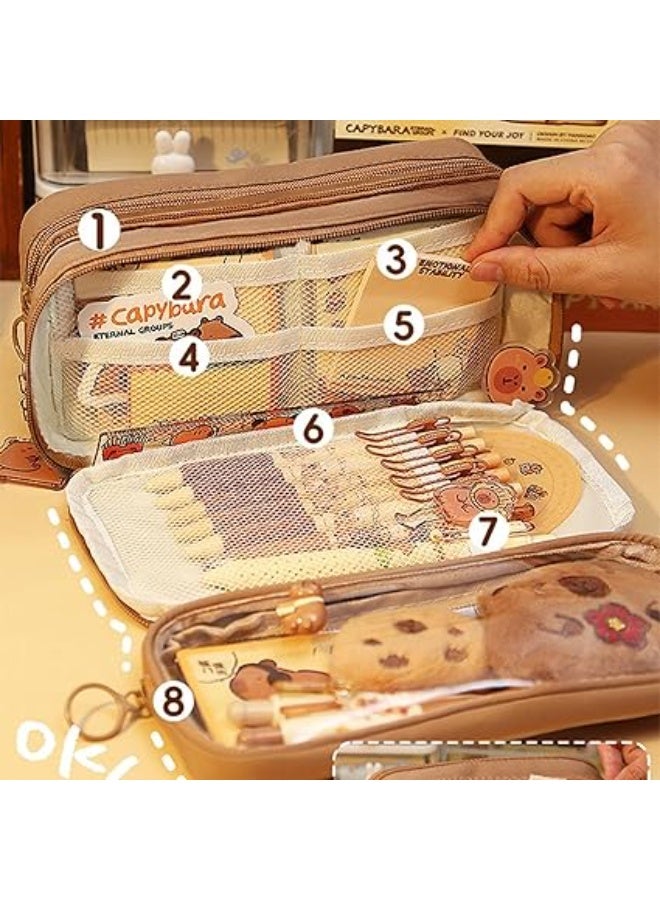 حقيبة أقلام متعددة الطبقات بسعة كبيرة مع دلاية كابيبارا لطيفة وقطيفة – مقلمة مدرسية منظمة للأطفال والمراهقين والبنات والأولاد – منظم أدوات مكتبية للعودة إلى المدرسة - Image 5