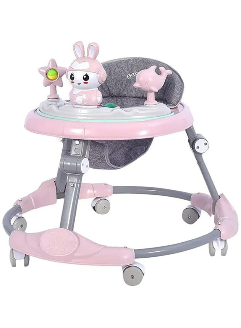 مشاية أطفال، مشاية دائرية للأطفال بارتفاع 4 مقاعد قابلة للتعديل | مشاية أنشطة قابلة للطي للطفل مع صينية طعام وبار ألعاب موسيقية | مشاية أطفال من عمر 6 إلى 18 شهرًا للأولاد والبنات، ( لون وردى ) - Image 1