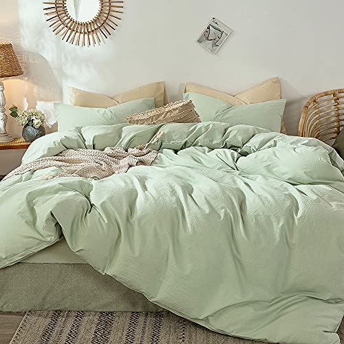 MooMee Bedding Duvet Cover Set 100% Washed Cotton Linen Like Textured Breathable Durable Soft Comfy (Heathered Seaglass Green, Queen 90"x90") - Image 1