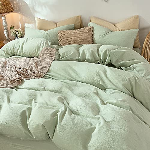 MooMee Bedding Duvet Cover Set 100% Washed Cotton Linen Like Textured Breathable Durable Soft Comfy (Heathered Seaglass Green, Queen 90"x90") - Image 5