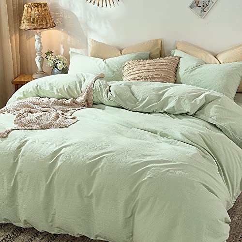 MooMee Bedding Duvet Cover Set 100% Washed Cotton Linen Like Textured Breathable Durable Soft Comfy (Heathered Seaglass Green, Queen 90"x90") - Image 4