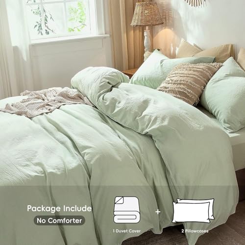 MooMee Bedding Duvet Cover Set 100% Washed Cotton Linen Like Textured Breathable Durable Soft Comfy (Heathered Seaglass Green, Queen 90"x90") - Image 2