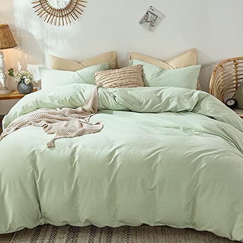 MooMee Bedding Duvet Cover Set 100% Washed Cotton Linen Like Textured Breathable Durable Soft Comfy (Heathered Seaglass Green, Queen 90"x90") - Image 3