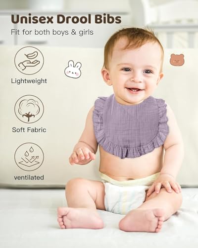 Lictin Muslin Bibs for Baby Girl - 8 Pack Baby Muslin Bibs Drool Bandana Cotton Neutral, Snap Muslin Bibs for Boys Girls Toddlers Infants Teething, Absorbent & Soft Pink Purple 0-24 months - Image 5