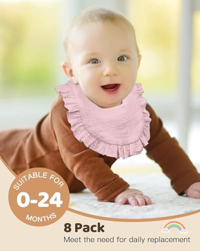 Lictin Muslin Bibs for Baby Girl - 8 Pack Baby Muslin Bibs Drool Bandana Cotton Neutral, Snap Muslin Bibs for Boys Girls Toddlers Infants Teething, Absorbent & Soft Pink Purple 0-24 months - Image 3