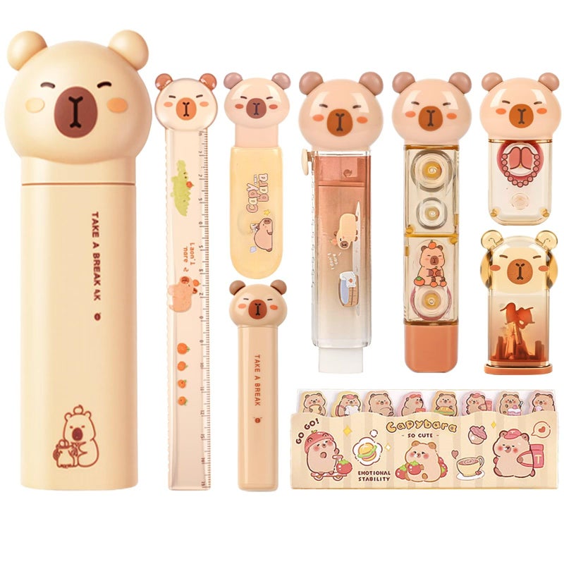 Daphilly Capybara Stationery Set,Cute Capybara School Supplies,Stationary Gift Set, Japanese Stationery Birthday GIFS, Includes Pencil Sharpener,Eraser, Correction Tape, Ruler, for Office School Supplies - Image 1