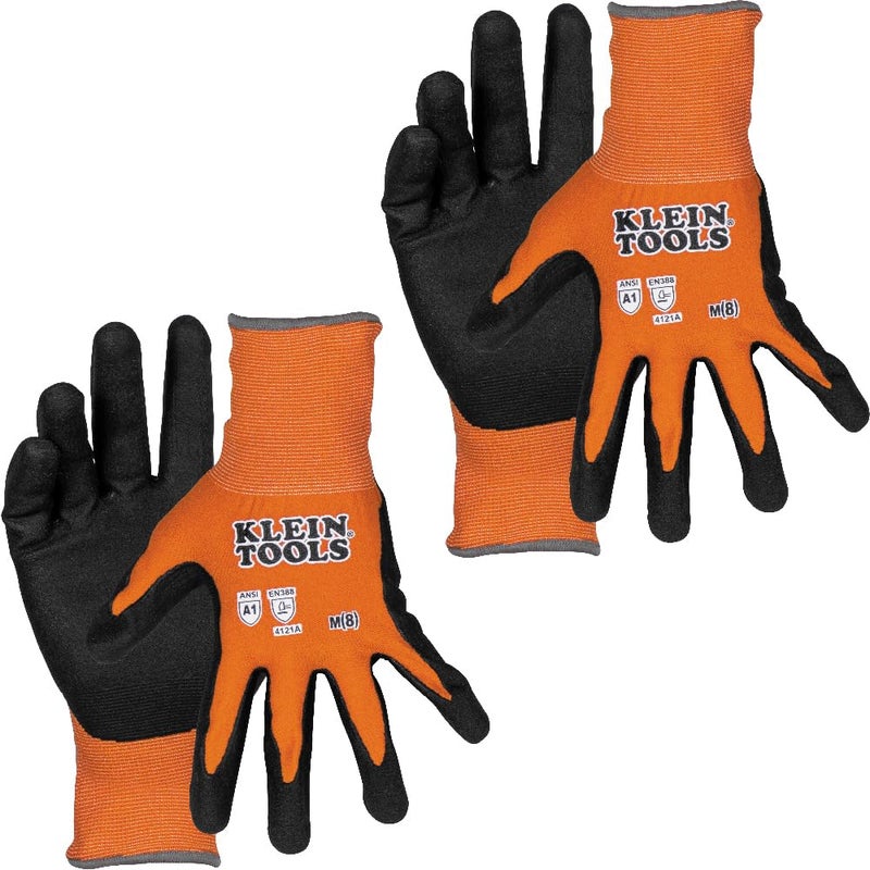 Klein Tools 60580 Work Gloves, Knit Dipped Cut Resistant ANSI A1 Nitrile Coated Gloves, Nylon-Spandex, Touchscreen Capable, Medium, 2-Pair - Image 1