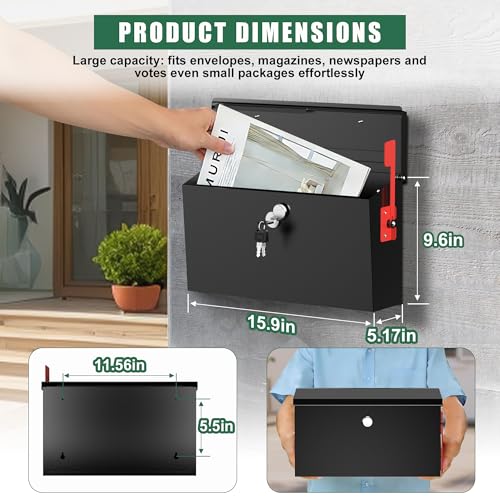 Profasion Large Wall Mount Mailbox for Outside with Flag, 15.9''x9.6''x5.2'' Locking Mailbox Wall Mounted, Galvanized Steel Rustproof Metal Mailbox, Modern Mail Box for House Outside, Black - Image 2