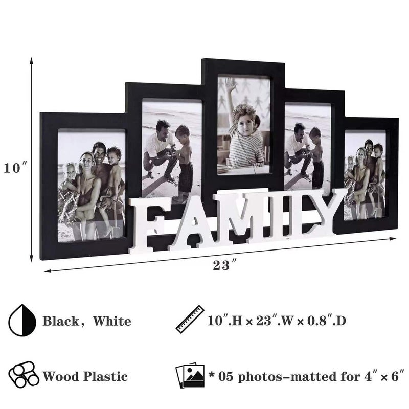 JUMBO HUMBLE Wood Wall Hanging Family Picture Photo Frame Collage, 4 x 6 Photo Frames for Family Pictures Wall Decor, 5 Openings Black - Image 2