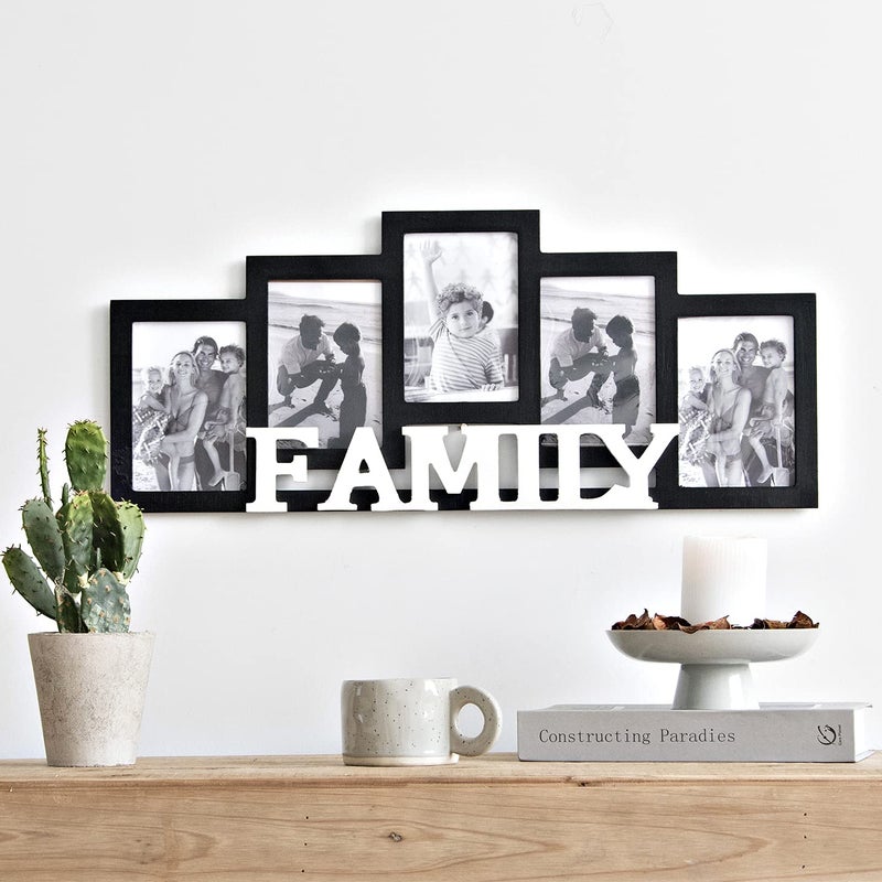 JUMBO HUMBLE Wood Wall Hanging Family Picture Photo Frame Collage, 4 x 6 Photo Frames for Family Pictures Wall Decor, 5 Openings Black - Image 1