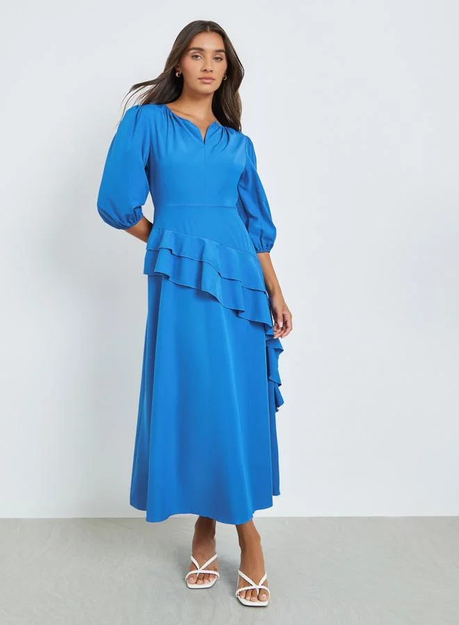 Styli Blue Ruffle Detail Midi Dress with Notch Neck