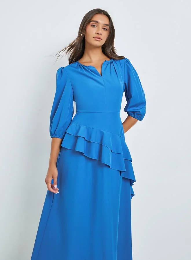 Styli Blue Ruffle Detail Midi Dress with Notch Neck