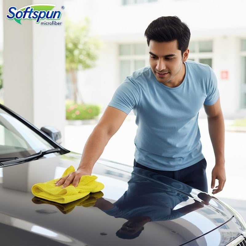 سوفتسبون منشفة من الألياف الدقيقة SOFTSPUN - 4 قطع، 40x40 سم، 340 GSM، أصفر! مناشف سميكة متعددة الاستخدامات خالية من الوبر والخطوط، مناشف من الألياف الدقيقة للسيارات لتنظيف وتلميع وغسل وتفصيل السيارات والدراجات. - Image 2