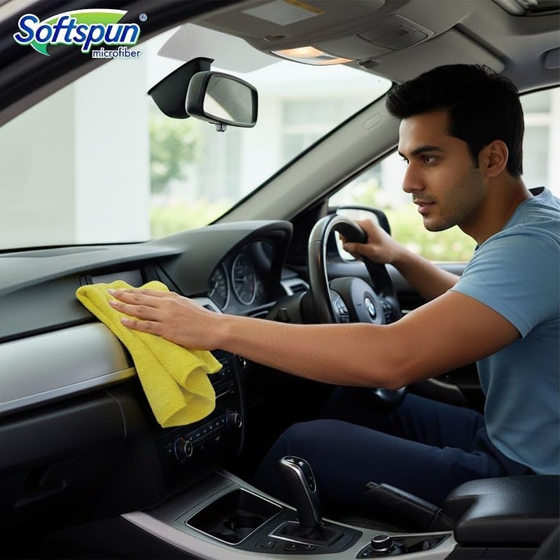 سوفتسبون منشفة من الألياف الدقيقة SOFTSPUN - 4 قطع، 40x40 سم، 340 GSM، أصفر! مناشف سميكة متعددة الاستخدامات خالية من الوبر والخطوط، مناشف من الألياف الدقيقة للسيارات لتنظيف وتلميع وغسل وتفصيل السيارات والدراجات. - Image 3