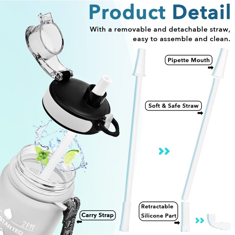 Enerbone 32 oz Water Bottle, Leakproof BPA & Toxic Free, Motivational Water Bottle with Times to Drink and Straw, Fitness Sports Water Bottle with Strap for Office, Gym, Outdoor Sports, Gray-Black - Image 5