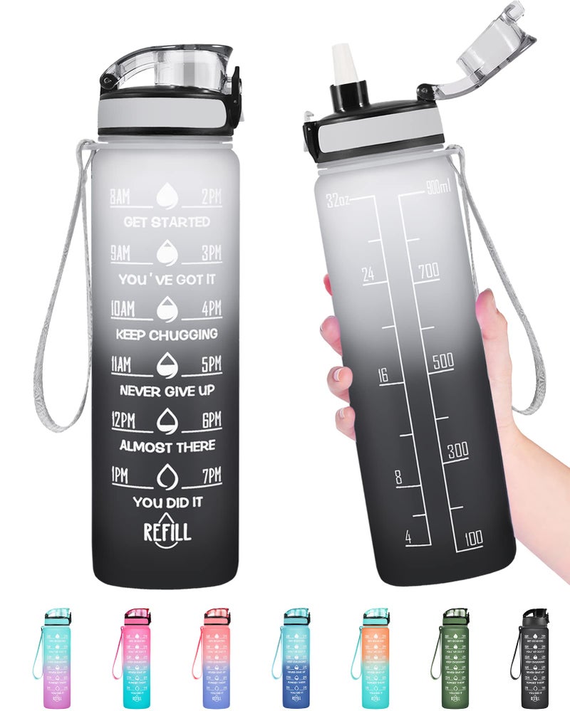 Enerbone 32 oz Water Bottle, Leakproof BPA & Toxic Free, Motivational Water Bottle with Times to Drink and Straw, Fitness Sports Water Bottle with Strap for Office, Gym, Outdoor Sports, Gray-Black - Image 1