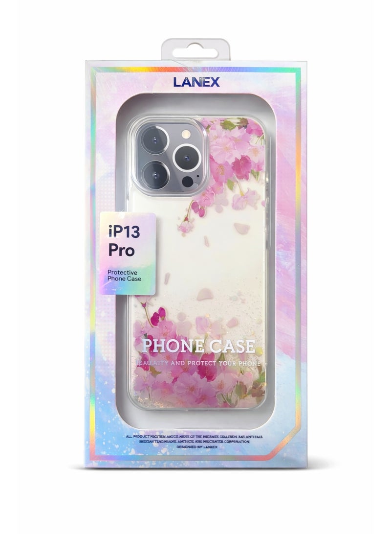 LANEX Clear Floral Phone Case for iPhone 13 Pro, Shockproof Bumper Cover with Cherry Blossom & Gold Glitter Design - Pink - Image 4