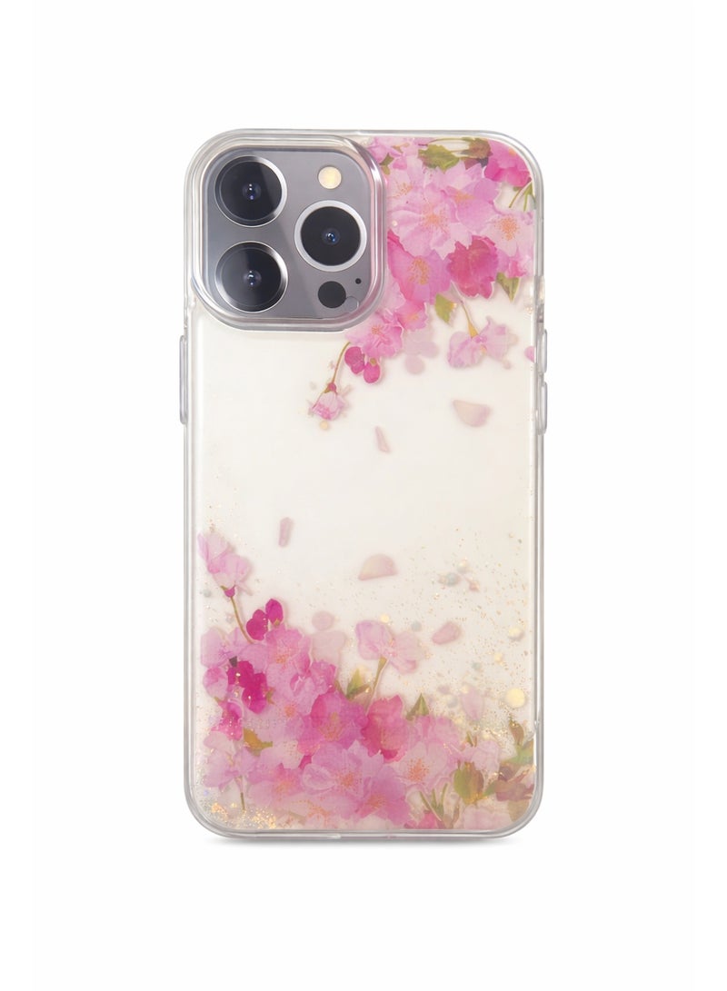 LANEX Clear Floral Phone Case for iPhone 13 Pro, Shockproof Bumper Cover with Cherry Blossom & Gold Glitter Design - Pink - Image 1