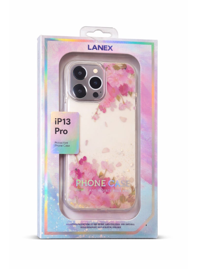 LANEX Clear Floral Phone Case for iPhone 13 Pro, Shockproof Bumper Cover with Cherry Blossom & Gold Glitter Design - Pink - Image 3