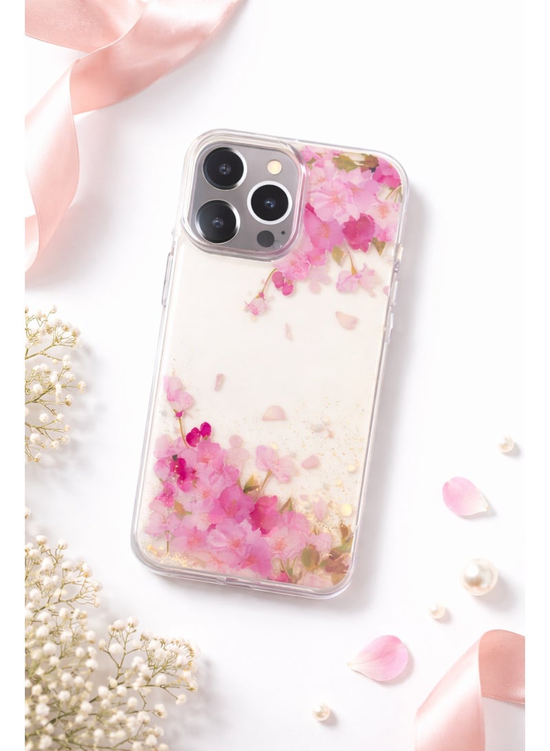 LANEX Clear Floral Phone Case for iPhone 13 Pro, Shockproof Bumper Cover with Cherry Blossom & Gold Glitter Design - Pink - Image 5