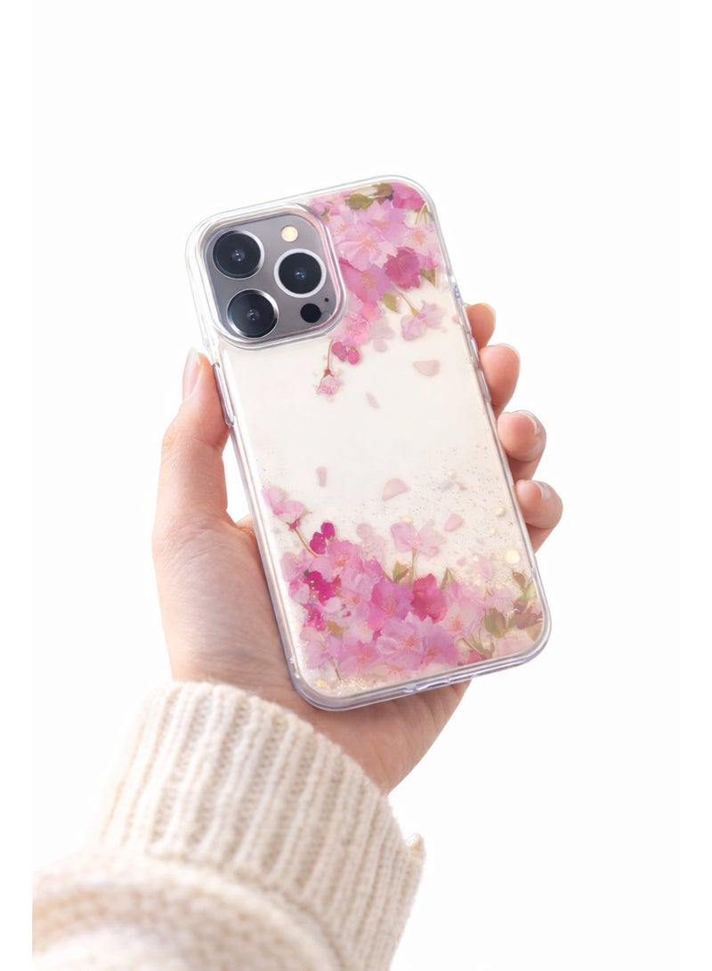 LANEX Clear Floral Phone Case for iPhone 13 Pro, Shockproof Bumper Cover with Cherry Blossom & Gold Glitter Design - Pink - Image 2
