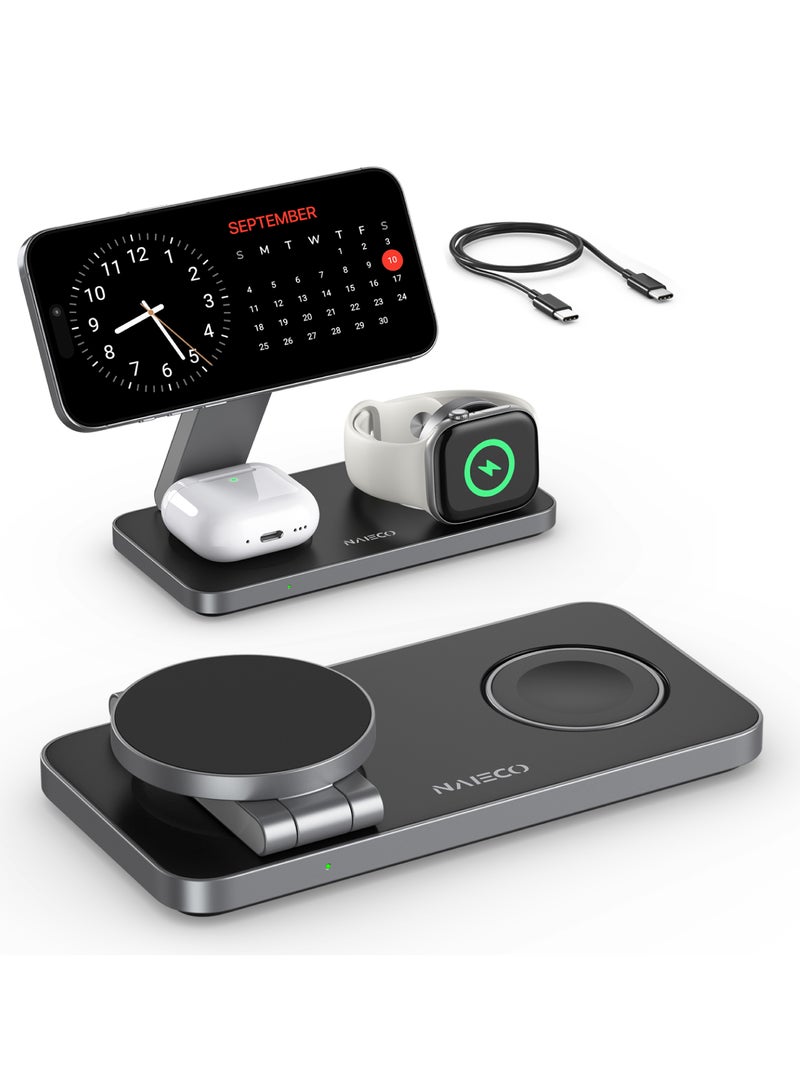 نايكو محطة شحن لاسلكية قابلة للطي 3 في 1 متوافقة مع MagSafe – قاعدة شحن مغناطيسية سريعة للآيفون سلسلة iPhone 16/15/14/13/12، وسماعات AirPods Pro، وساعة Apple Watch. لوحة شحن لاسلكية Qi قابلة للتعديل بزاوية، مع كابل USB-C، وحماية مدمجة من ارتفاع الحرارة وزيادة التيار.  تصميم أنيق باللون الأسود، مثالي للسفر، المكتب، المنزل، والطاولة الجانبية بجانب السرير. الهيكل القابل للطي يقلل من فوضى الكابلات ويوفر شحنًا لاسلكيًا آمنًا وسريعًا لعدة أجهزة Apple في وقت واحد.  أفضل شاحن لاسلكي – شاحن عالي التقييم – شاحن سفر – شاحن محمول – معتمد Qi – وضع السرير Nightstand Mode – مغناطيس قوي - Image 1