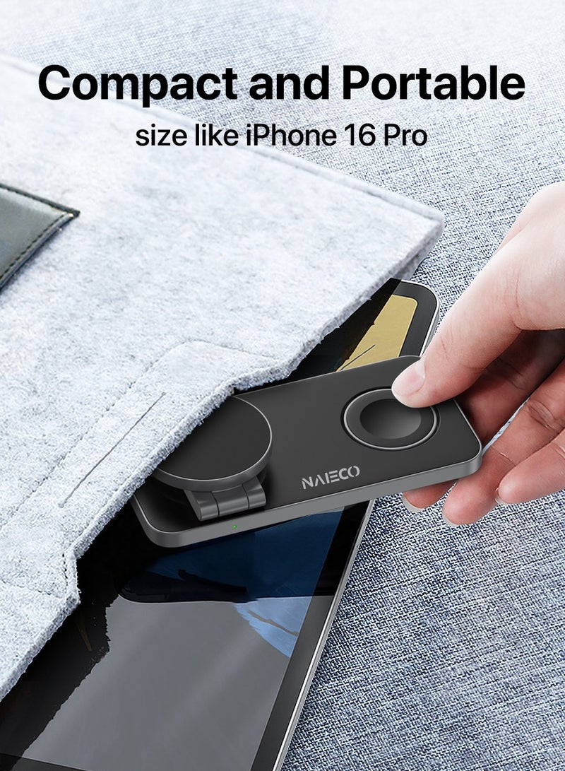 نايكو محطة شحن لاسلكية قابلة للطي 3 في 1 متوافقة مع MagSafe – قاعدة شحن مغناطيسية سريعة للآيفون سلسلة iPhone 16/15/14/13/12، وسماعات AirPods Pro، وساعة Apple Watch. لوحة شحن لاسلكية Qi قابلة للتعديل بزاوية، مع كابل USB-C، وحماية مدمجة من ارتفاع الحرارة وزيادة التيار.  تصميم أنيق باللون الأسود، مثالي للسفر، المكتب، المنزل، والطاولة الجانبية بجانب السرير. الهيكل القابل للطي يقلل من فوضى الكابلات ويوفر شحنًا لاسلكيًا آمنًا وسريعًا لعدة أجهزة Apple في وقت واحد.  أفضل شاحن لاسلكي – شاحن عالي التقييم – شاحن سفر – شاحن محمول – معتمد Qi – وضع السرير Nightstand Mode – مغناطيس قوي - Image 5