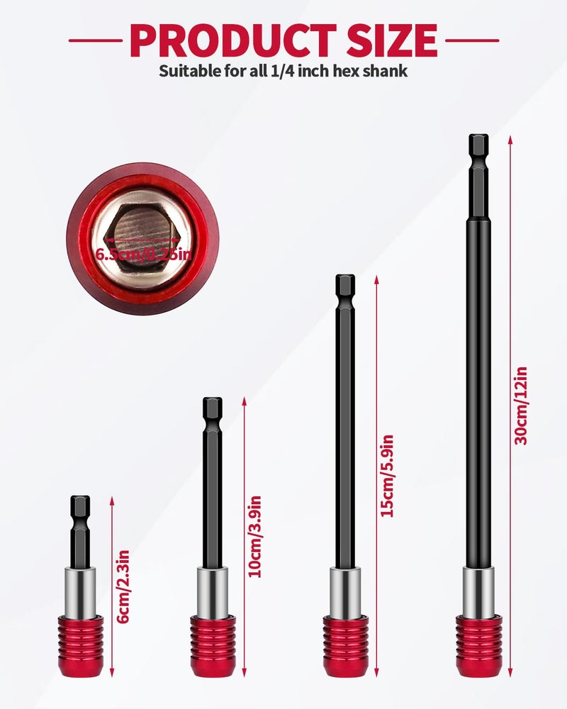 Aecsze 4 PCS Drill Bit Extension, 1/4" Hex Magnetic Drill Extension Bit Holder, Drill Extension for Impact Driver, 2", 4", 6", 12" Length, Durable Cr-V Steel, Perfect for Screws, Nuts and Drill Sockets - Image 2