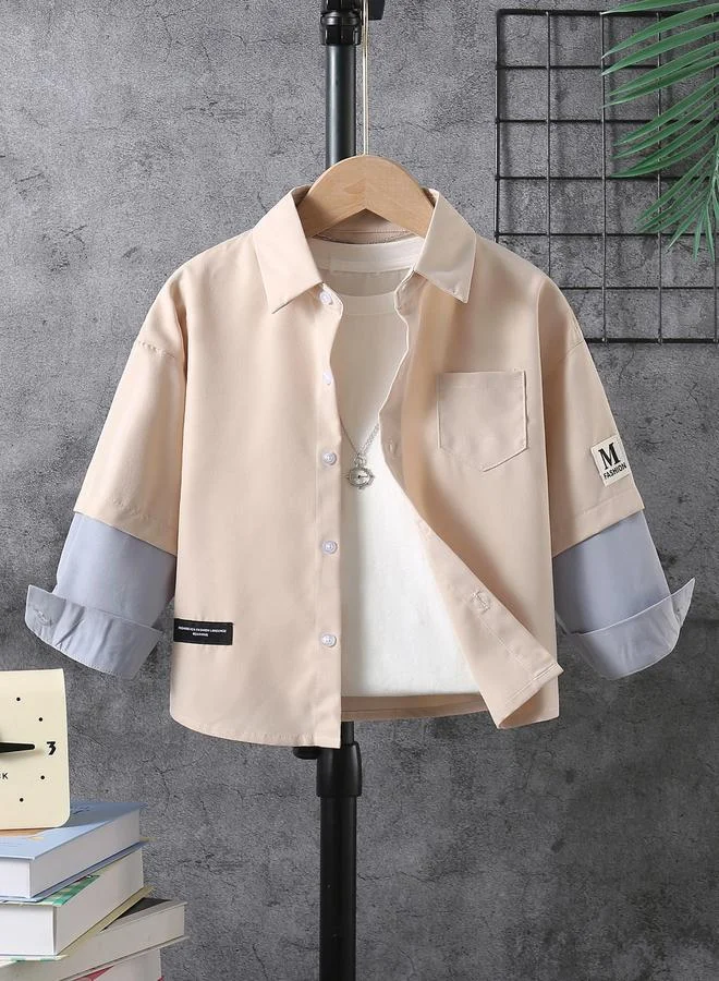 Take Two Boys Beige Graphic Collared Long Sleeve Shirt