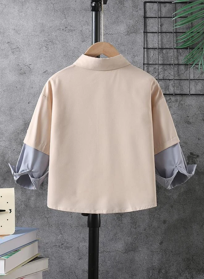 Take Two Boys Beige Graphic Collared Long Sleeve Shirt