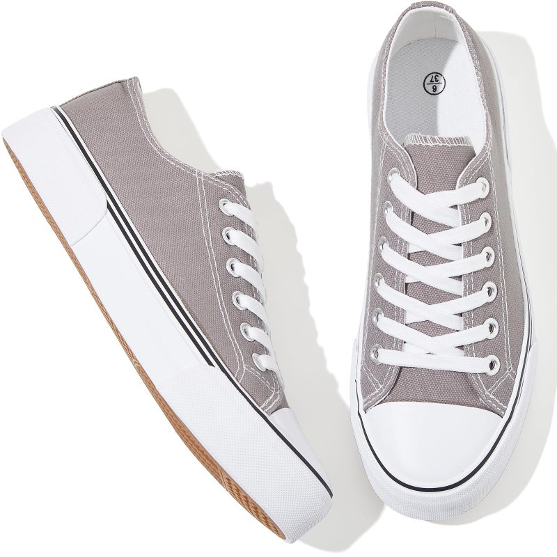 Adokoo Canvas Tennis Shoes for Women Low Top Casual White Black Sneakers for Women Lace Up Fashion Comfortable Walking Shoes (Grey,7.5) - Image 1