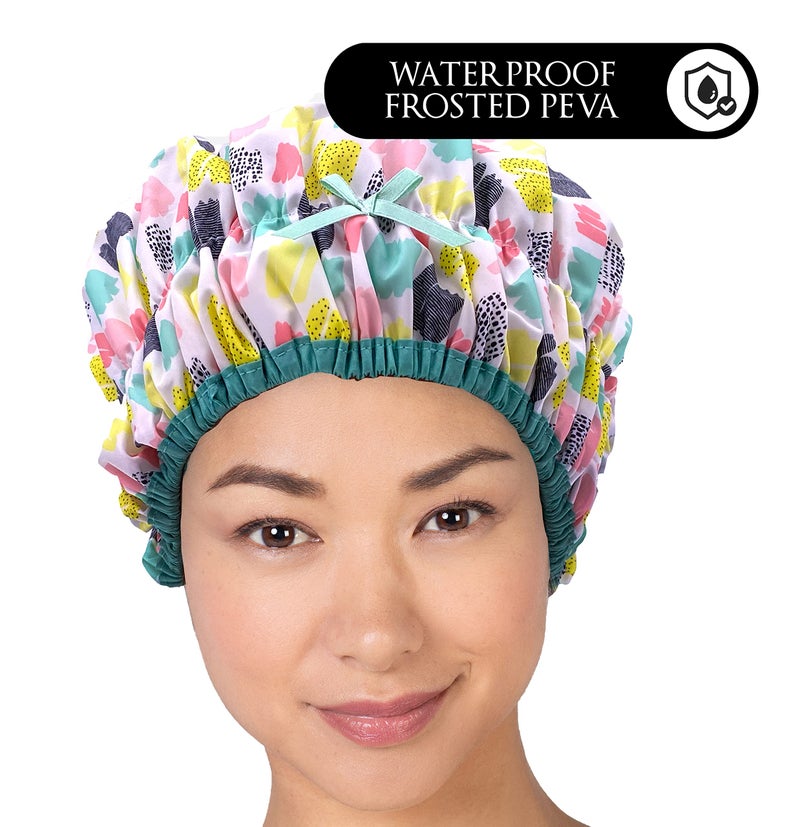 Betty Dain Reusable Shower & Bath Cap & Lined, Oversized Waterproof Shower Caps Large Designed for all Hair Lengths with PEVA Lining & Elastic Band Stretch Hem Hair Hat - Fashionista Living Color - Image 2