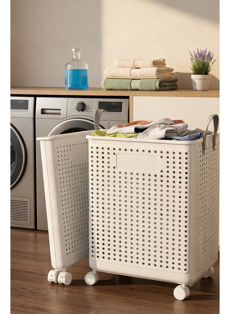 Beauenty Foldable laundry basket With handles Collapsible laundry baskets with wheels,easy to move and save space,Versatile Portable Storage Basket for Bathroom and Bathroom(Ivory White, XL(55x37.7x36)) - Image 1