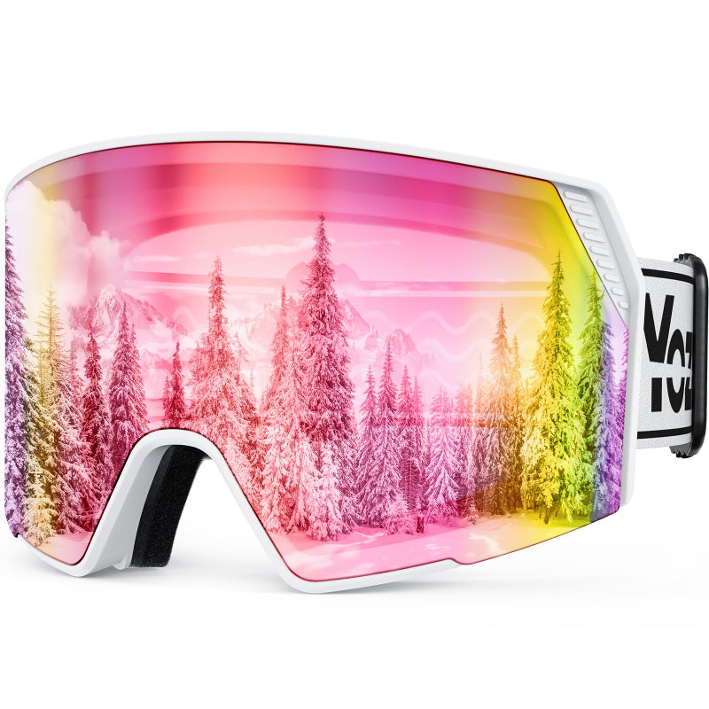 YOZISS Ski Goggles Men Women, OTG Over Glasses Snow Goggles Anti Fog, Helmet Compatible Cylindrical Goggles for Adult, Winter Sports Goggles for Snowboarding, Snowmobile (Pink-Cylin-vlt 12%) - Image 1