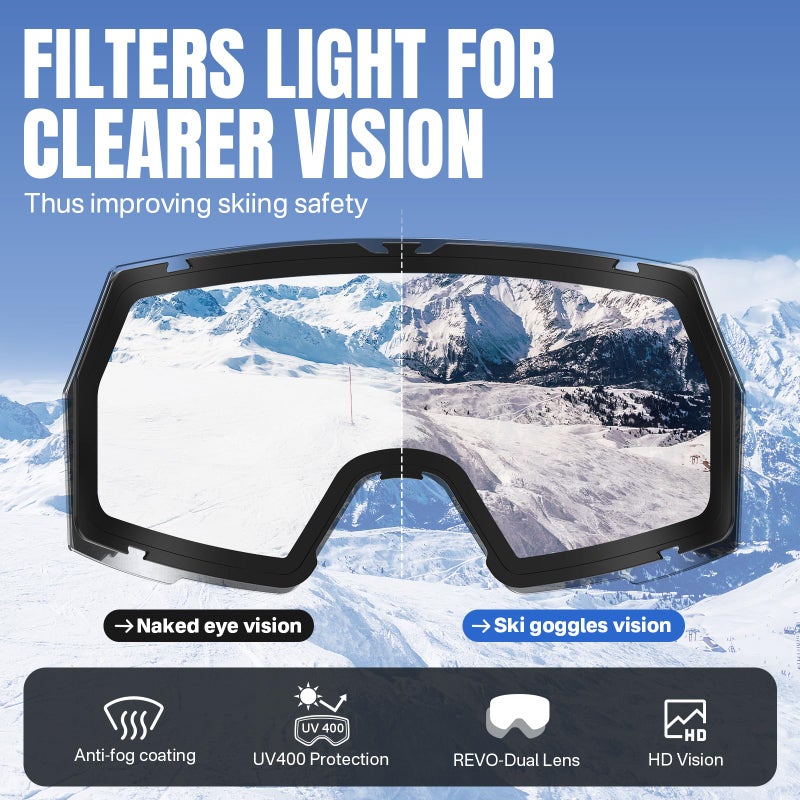 YOZISS Ski Goggles Men Women, OTG Over Glasses Snow Goggles Anti Fog, Helmet Compatible Cylindrical Goggles for Adult, Winter Sports Goggles for Snowboarding, Snowmobile (Pink-Cylin-vlt 12%) - Image 3