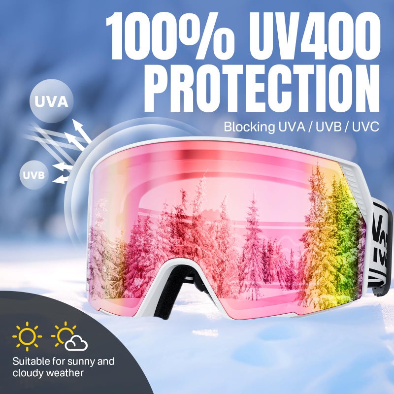 YOZISS Ski Goggles Men Women, OTG Over Glasses Snow Goggles Anti Fog, Helmet Compatible Cylindrical Goggles for Adult, Winter Sports Goggles for Snowboarding, Snowmobile (Pink-Cylin-vlt 12%) - Image 2