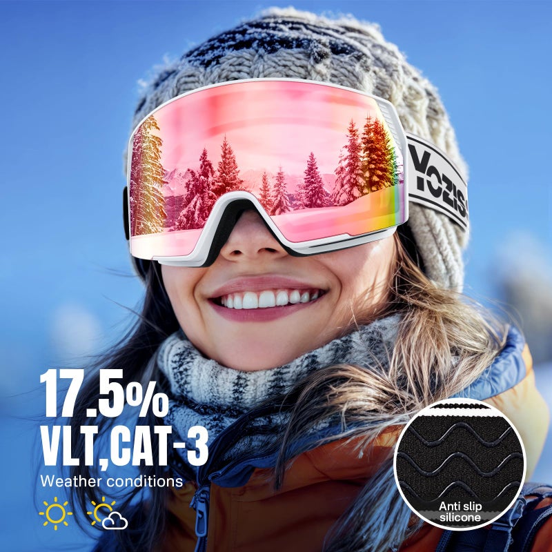 YOZISS Ski Goggles Men Women, OTG Over Glasses Snow Goggles Anti Fog, Helmet Compatible Cylindrical Goggles for Adult, Winter Sports Goggles for Snowboarding, Snowmobile (Pink-Cylin-vlt 12%) - Image 4