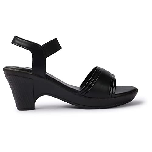 XE Looks Women's Black Block Heel Sandals | Sleek Open-Toe Design with Elastic Strap | Comfortable and Stylish Heels For Girls & Women - Image 5