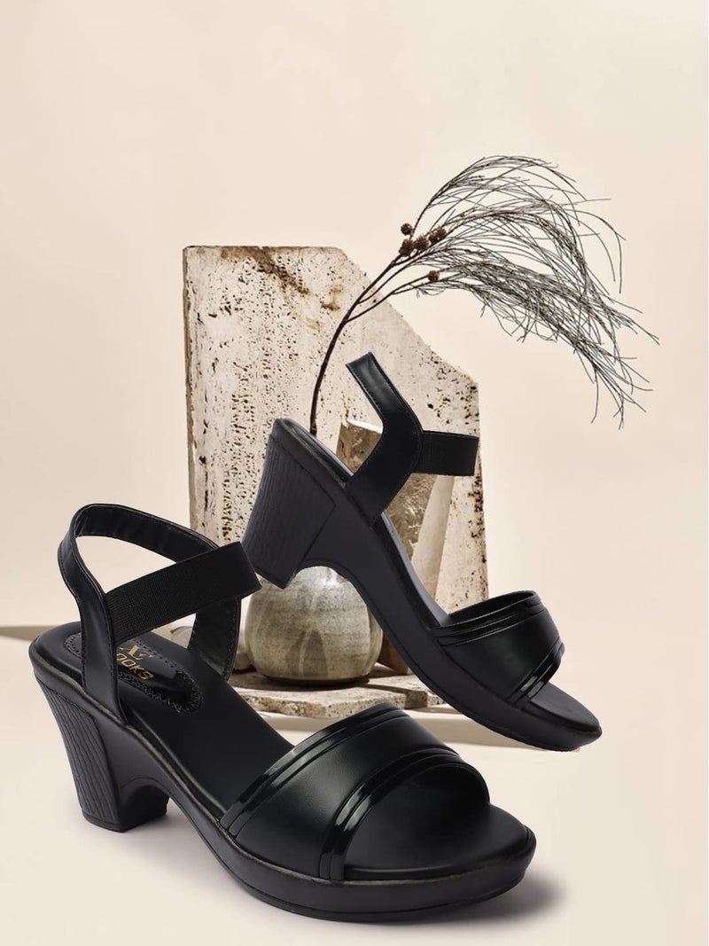 XE Looks Women's Black Block Heel Sandals | Sleek Open-Toe Design with Elastic Strap | Comfortable and Stylish Heels For Girls & Women - Image 2