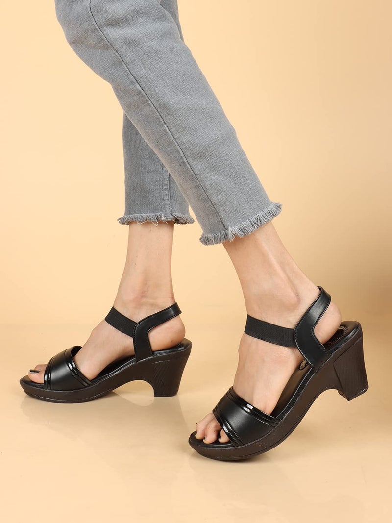 XE Looks Women's Black Block Heel Sandals | Sleek Open-Toe Design with Elastic Strap | Comfortable and Stylish Heels For Girls & Women - Image 4