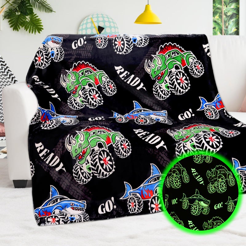 بورو تلعب Truck Truck Bororo Dinosaur Glow في بطانية الشاحنة المظلمة للأولاد ، رمي أسماك بطانية البناء هدايا عيد ميلاد للأطفال - Image 1