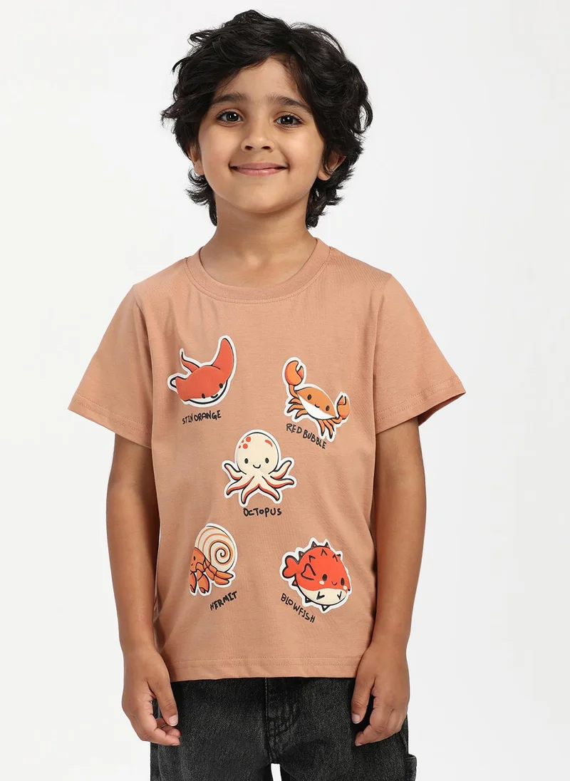 نوتيناتي Nautinati Boys' Cotton Beach Print Rib Collar T-shirt